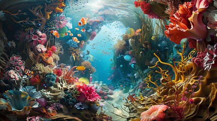 Capture the essence of surrealism in an underwater wonderland from a strikingly unexpected vantage point Merge realism with fantasy as the viewer plunges into a chaos of colors and