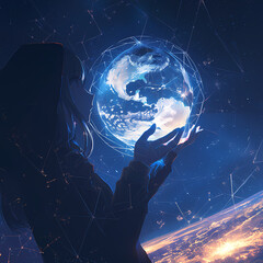 Visionary Depiction of a Woman Holding a Planet Earth Globe in a Cosmic Setting for Inspirational Content