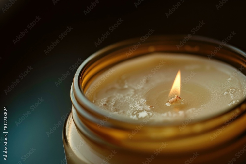 Poster tranquil and serene closeup of a single candle flame with a warm and golden glow. creating a cozy an