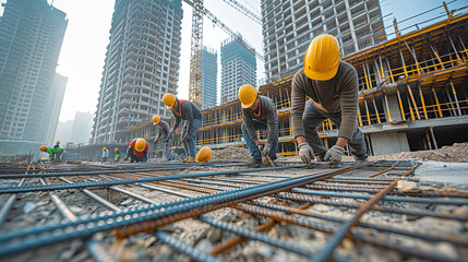 Construction Workers Collaborating on Steel Reinforcement at Urban Building Site