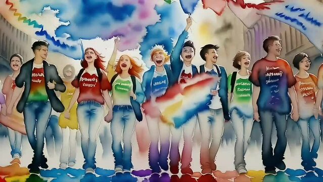 Diverse young people celebrating Pride Day with rainbow flag and smoke, flipbook and psychedelic style