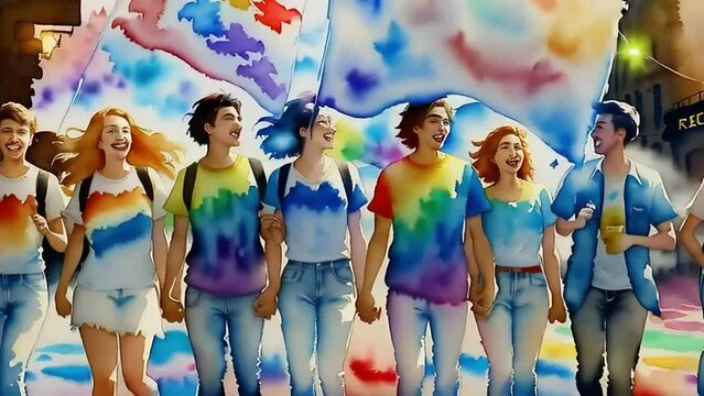 Diverse young people celebrating Pride Day with rainbow flag and smoke, flipbook and psychedelic style