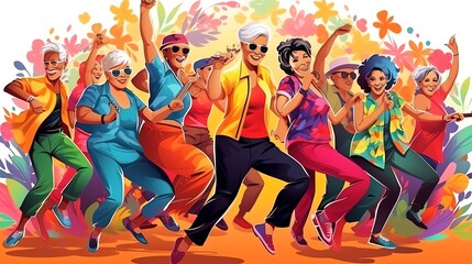 Zumba Boom Diverse seniors in bright clothes groove at a lively class