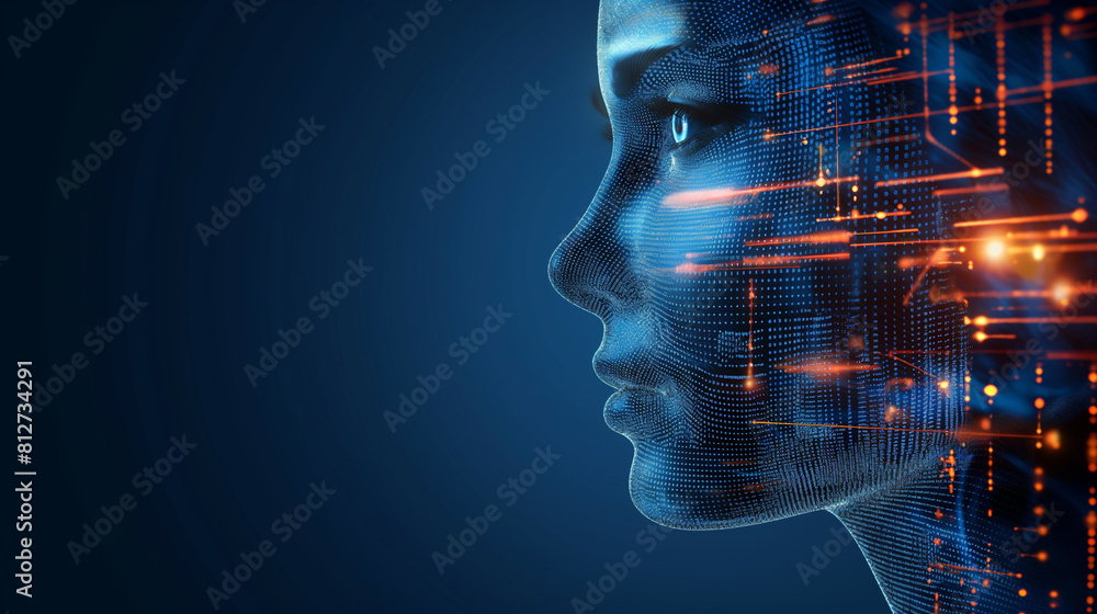 Poster profile of woman and data network concept. artificial intelligence. wide angle visual for banners or
