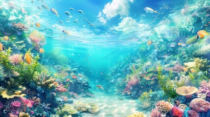 Obraz premium Vibrant Underwater Seascape with Tropical Fish and Coral Reef