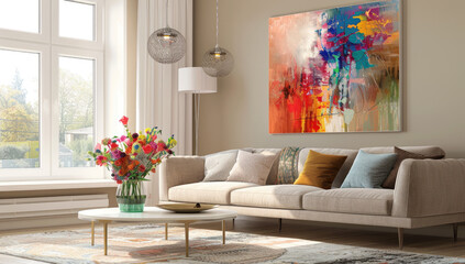 A bright living room with flowers on the sofa, large colorful floral paintings hanging above it. Created with Ai