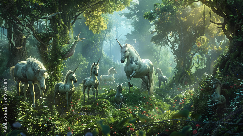 Poster a forest with a unicorn and two other unicorns