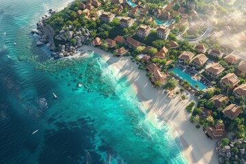 Aerial Views, Drone Footage of Coastal Resort Development with Beachfront Villas