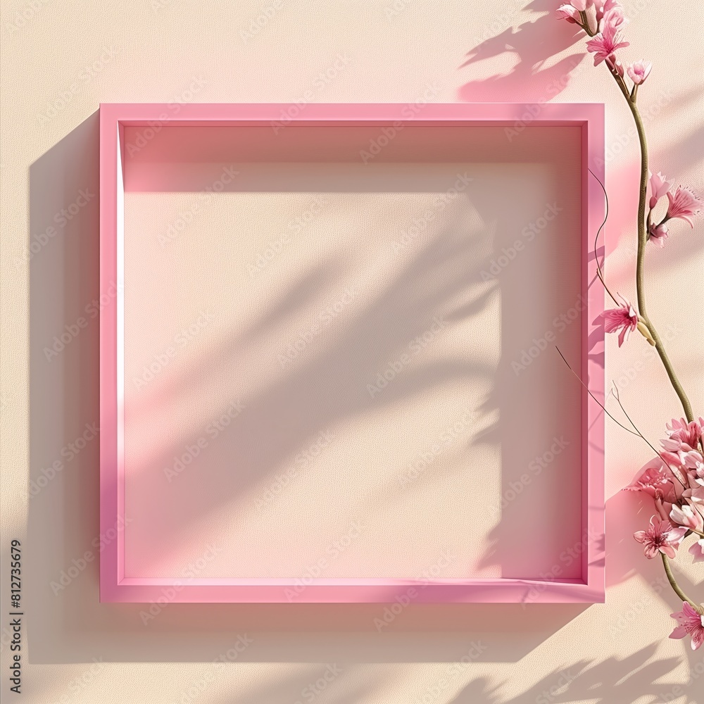 Poster a pink square frame with a shadow with flowers in background.