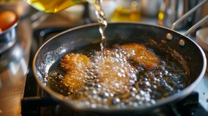 Pan full of oil is used for frying breaded meat while making wiener schnitzels --ar 16:9 Job ID: 402914b2-f371-475c-b791-18f5e4a21fba