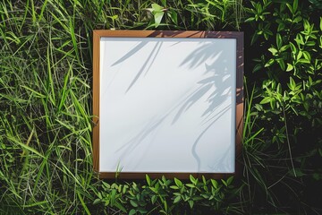 A plain white frame mockup, laying on grass in sunny day.