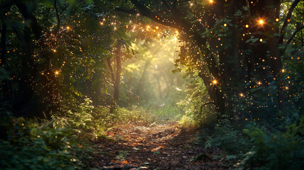 A forest with a bright light shining through a doorway. The light is surrounded by a misty glow, giving the scene a dreamy and ethereal atmosphere