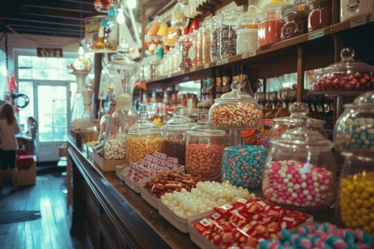 Cozy candy store filled with jars of colorful treats and a retro ambiance