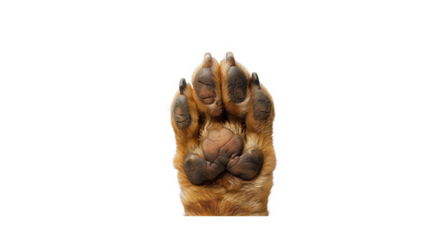 A close-up photo of the bottom of a dog's paw with black and brown fur.