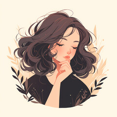 Embrace serenity with the image of a young woman in simple elegance. Her face, adorned by loose waves and eyes gently closed, radiates tranquility and natural beauty. The warm colors and soft