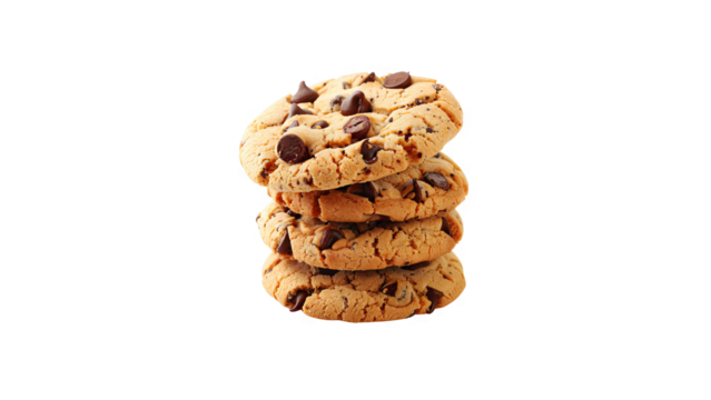 A stack of four chocolate chip cookies isolated on transparent background