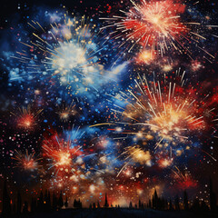 Fireworks in the night sky of the city.