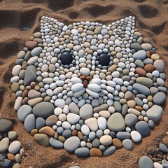 cat made out of rocks is sitting on the sand