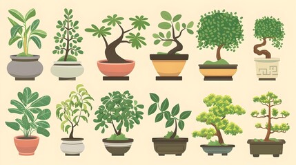 Fototapeta premium Diverse Indoor Potted Plants and Bonsai Trees in Decorative Pots for Cozy Home Atmosphere