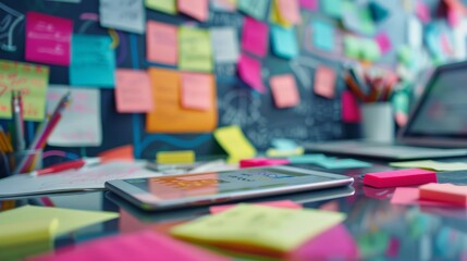 Fototapeta premium sticky notes in various colors on a glass table with a tablet and laptop in the background