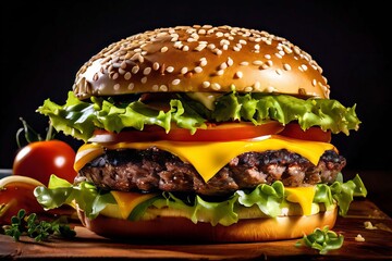 large hamburger with lettuce, tomato, and cheese on a wooden table