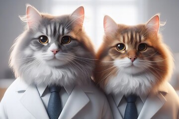 Two cats dressed in white lab coats and ties pose for photo