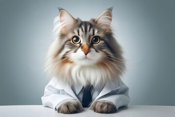 cat wearing a lab coat and tie is sitting on a table