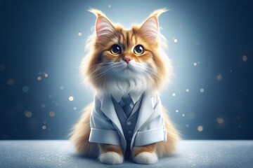 cat wearing a lab coat and tie is sitting on a table
