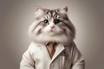 cat wearing a white lab coat and a tie