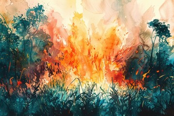 A painting of a fire in the middle of a field. Suitable for environmental or disaster-themed projects