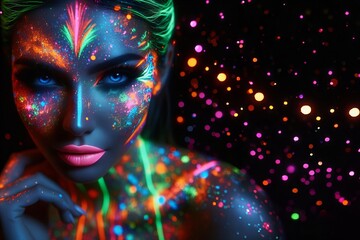 woman with neon colored face paint and a black background
