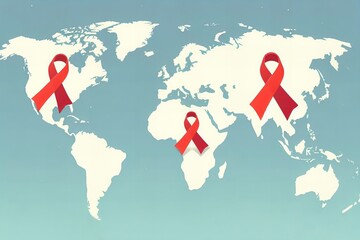 A map of world with three red ribbons on it