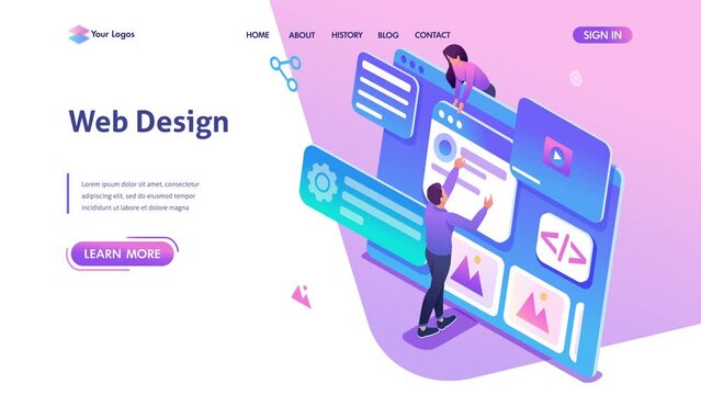Isometric concept young people are engaged in web design, website page development. Template landing page for website