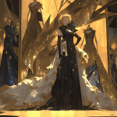 Elegant Fashion Model in Glamorous Dress on Stylish Golden Stage with Luxurious Decor