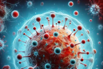 A red and blue virus is shown in ablue background