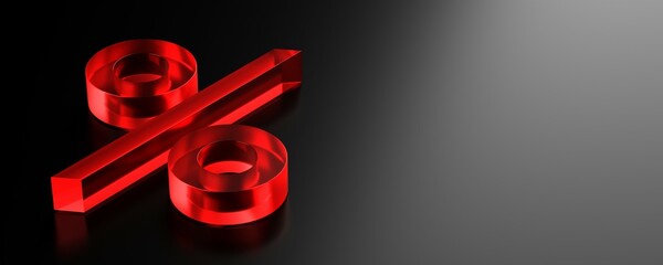 Red glass percent sign symbol on black background, sale, discount or sales price reduction concept with copy space