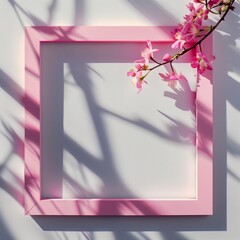 A pink square frame with a shadow with flowers in background.