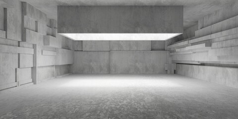 Abstract empty, modern concrete room with wide opening in the ceiling, offset walls and rough floor - industrial interior background template