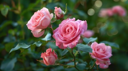 Pink roses on stem and pink roses in garden with green foliage artificial intelligence