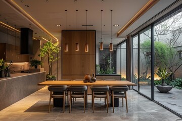 Fototapeta premium Minimalist Dining Area: A minimalist dining area with a sleek dining table, minimalist chairs, and pendant lighting