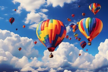 The vibrant colors of a hot air balloon festival against the backdrop of a deep blue sky dotted with fluffy clouds