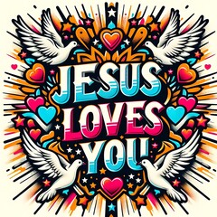 A colorful poster with white doves and hearts image art photo illustrator.