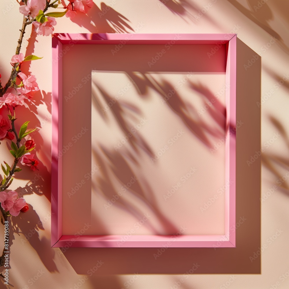 Poster a pink square frame with a shadow with flowers in background.