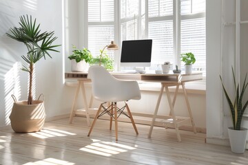 Fototapeta premium Minimalist Home Office: A modern home office with a minimalist desk, ergonomic chair, and streamlined storage solutions