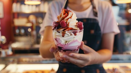 Delicious Raspberry Swirl Soft Serve Sundae in Female Hand