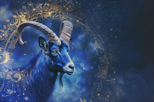 Artistic representation of the capricorn goat with astrological symbols against a starry sky