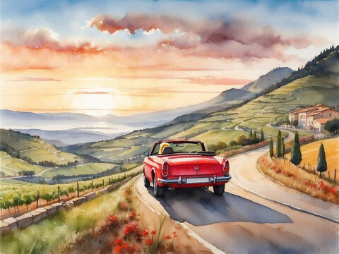 Watercolor scenic landscape with a red convertible driving along a road mountains hills in a atmospheric sundown green valley horizontal illustration