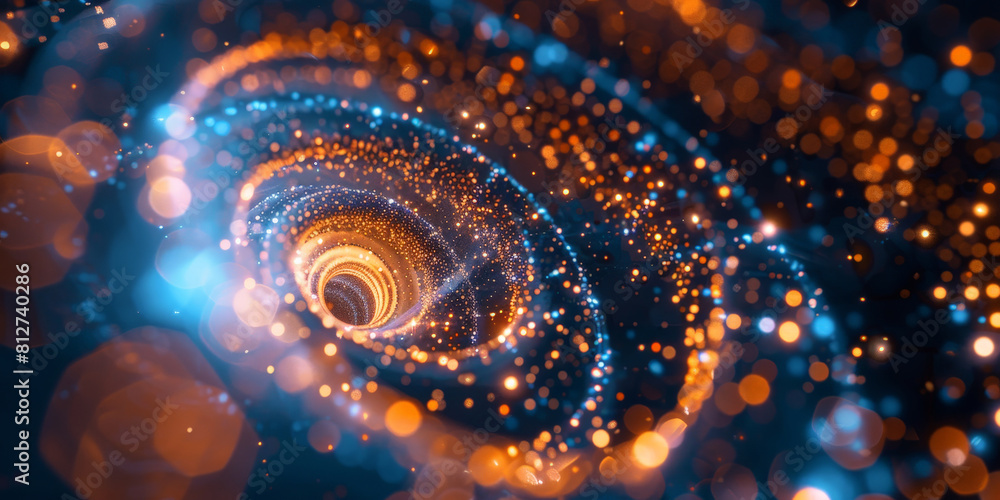 Poster abstract dark blue orange fast moving binary computer data. high speed motion blur, technology, mach