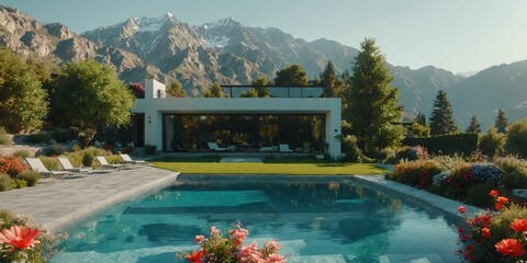 wallpaper representing a superb modern villa, with a sublime swimming pool, surrounded by a flower bed. Magnificent mountains in the background