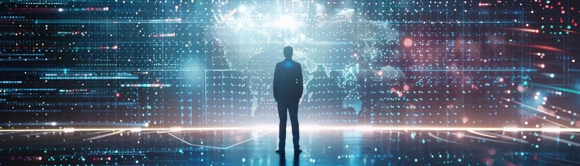 Businessman aims arrow at a virtual target dartboard